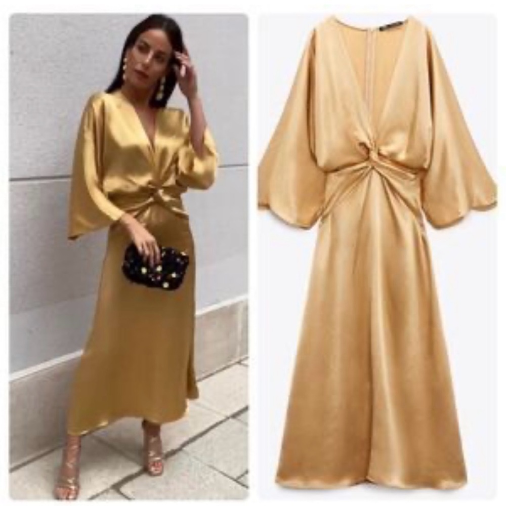 Satin Twist-Front Midi Dress in Gold